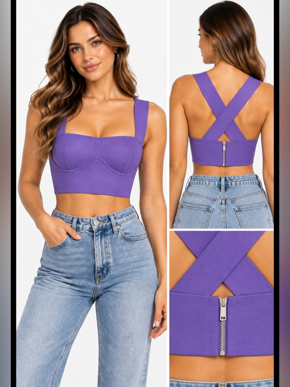 Herve Leger Square Neckline Sleeveless Purple Crop Top NWT